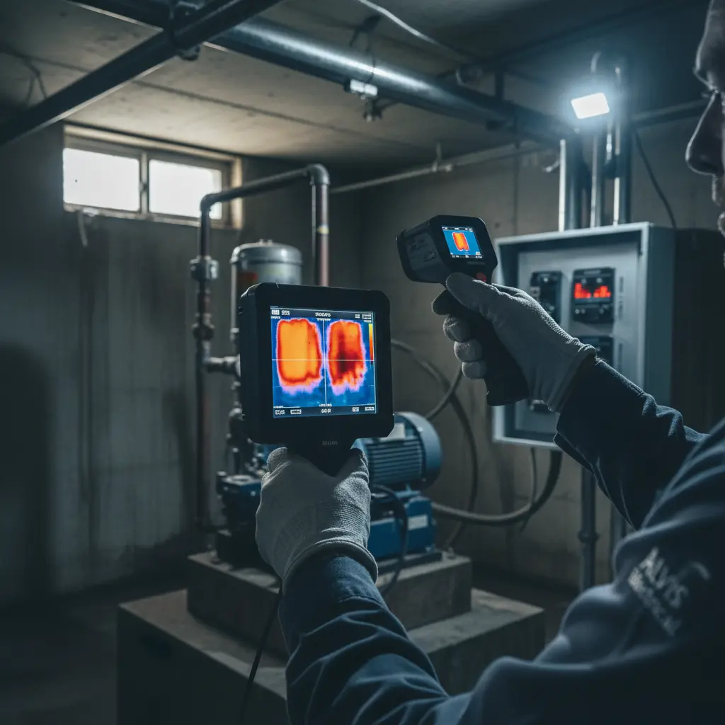 Master electrician using thermal imaging camera on pump electrical panel showing hot spots
