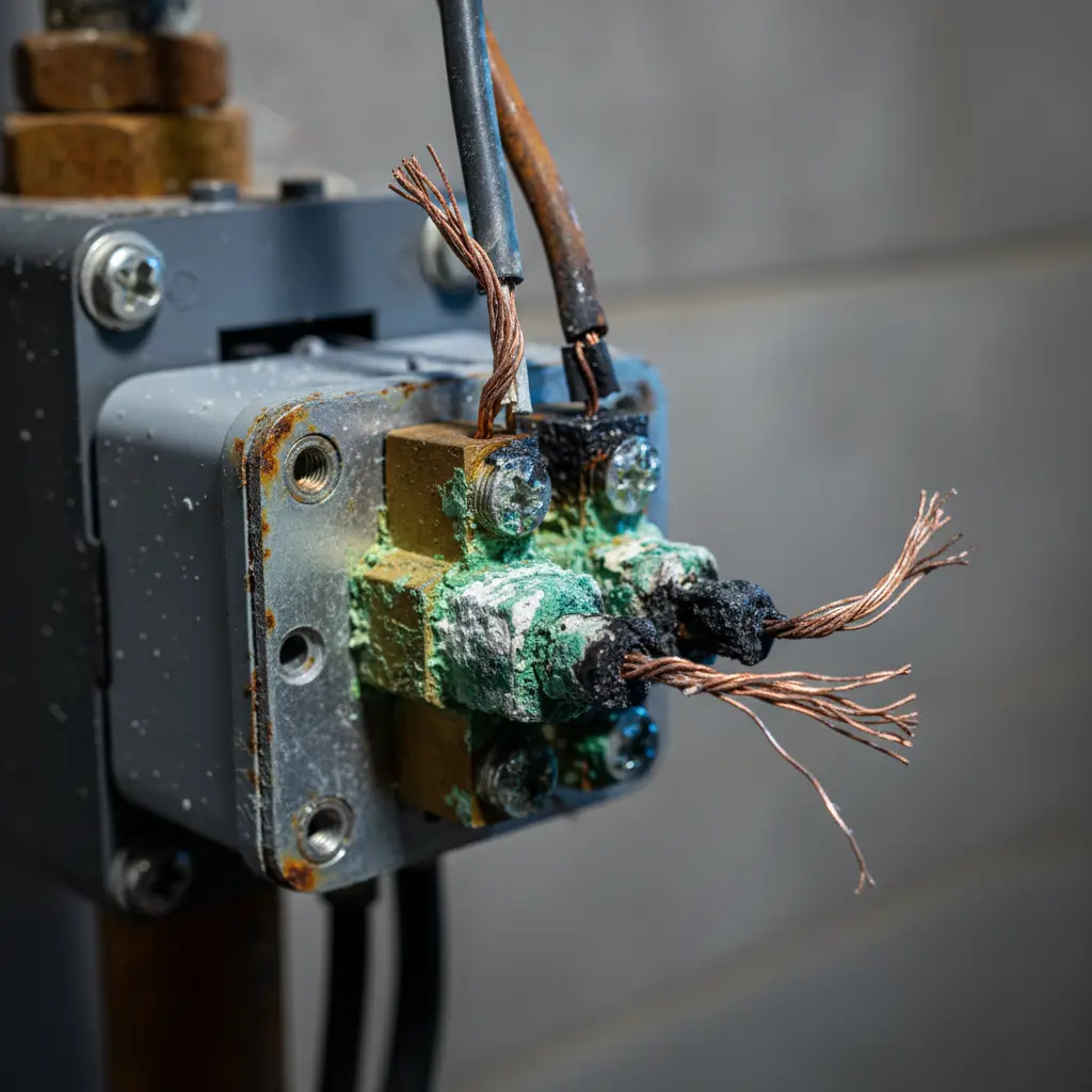 Macro close-up of corroded electrical connections on pump motor showing oxidation and damage
