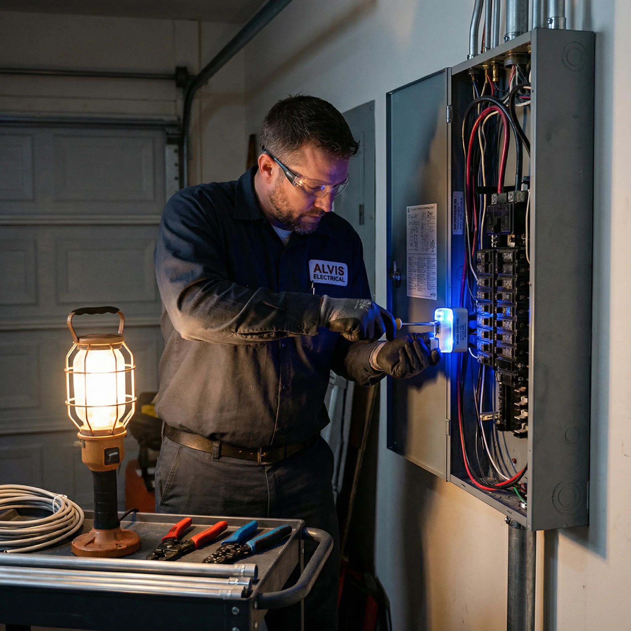 Master electrician installing whole-home surge protector